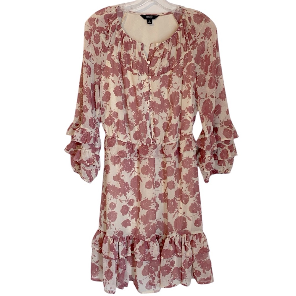 Simply Vera VW Floral Chiffon Mini Dress. Cream & Mauve. Ruffles! EUC Sz. S